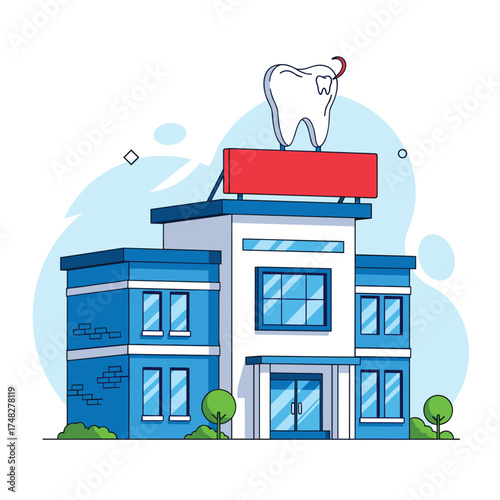 Modern dental clinic building with a large tooth on top.