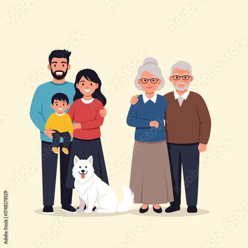 A loving multi-generational family and their dog.