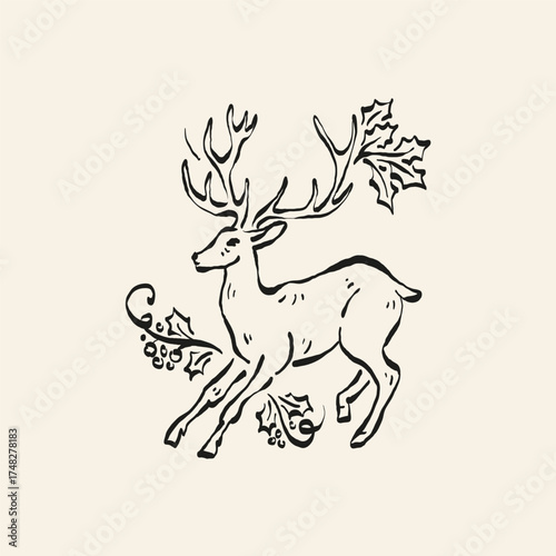 Minimalist Christmas vector illustration in hand-drawn line art style. Festive design for cards, posters, prints, and modern holiday greetings.