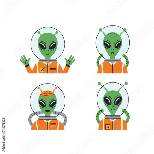 Four different alien characters with various expressions in orange suits.
