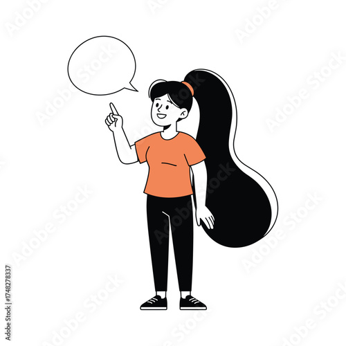A young person with a ponytail and a speech bubble pointing upwards.