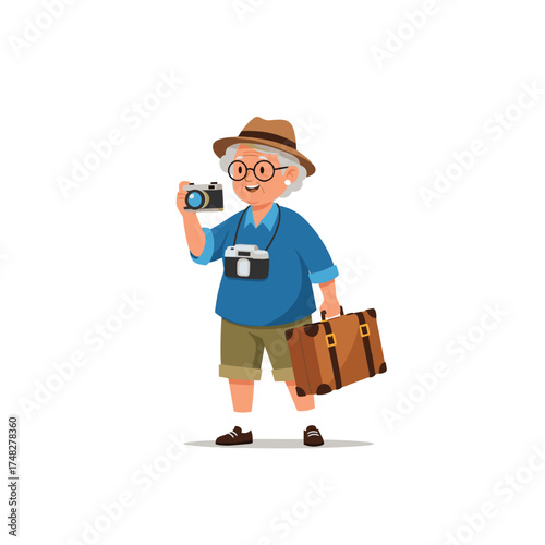 An elderly tourist with a camera and luggage goes on an adventure.