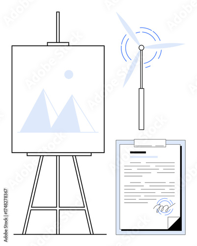 Easel with painted mountains, spinning wind turbine, and signed document on clipboard. Ideal for sustainability, creativity, legal signing, innovation, teamwork energy art. Simple flat metaphor
