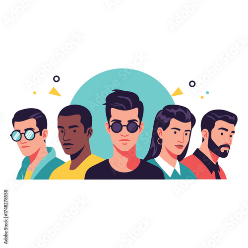 A diverse group of five people standing together in front of a teal circle.