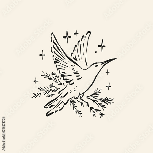 Minimalist Christmas vector illustration in hand-drawn line art style. Festive design for cards, posters, prints, and modern holiday greetings.