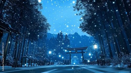 夜に照らされた神聖な参道を進む。Generative AI