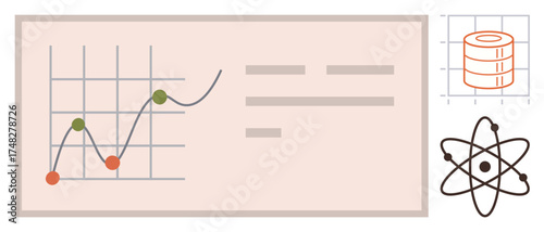 Chart with line graph and data points, stacked database icon, and atom representing statistics, technology, and science. Ideal for research, analytics, education, data science innovation STEM