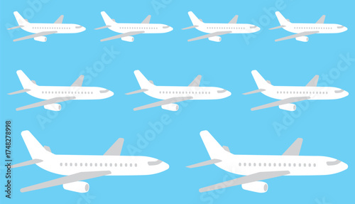 White passenger airplanes flying on blue sky seamless pattern