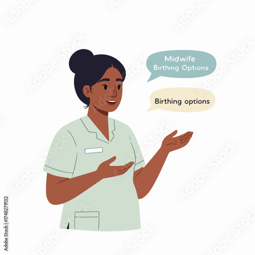 Midwife discussing birthing options, providing guidance and information on maternity care choices.