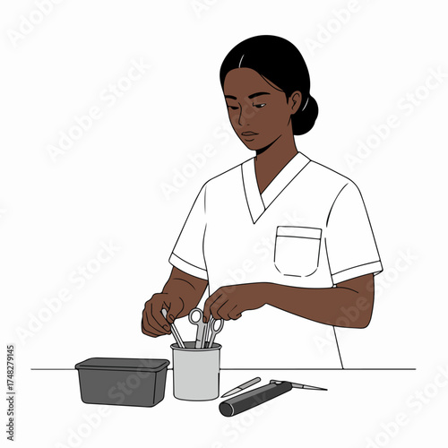African American medical professional organizing sterile surgical instruments, readying for procedures or maintaining equipment in a healthcare setting.