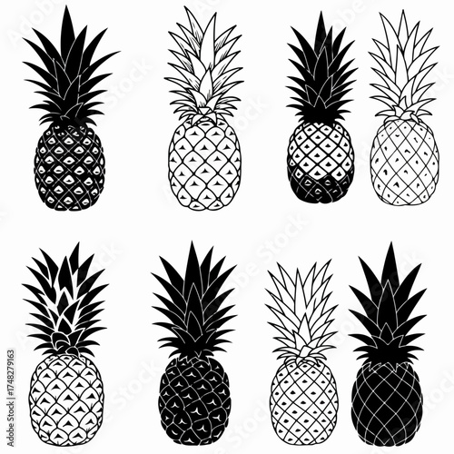 Diverse Pineapple Illustrations: A Collection of Black and White Silhouettes and Outline Drawings of Tropical Fruit, Perfect for Graphic Design and Decorative Elements.