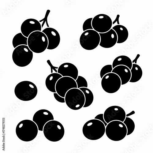 Monochromatic Grape Icons and Clusters Silhouette Set for Design Elements on White Background, Minimalist Fruit Vector Collection