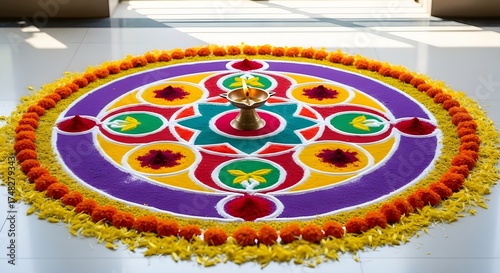 Vibrant Floral Rangoli Design with Glowing Diyas and Marigold Flowers, Celebrating the Festival of Lights.

