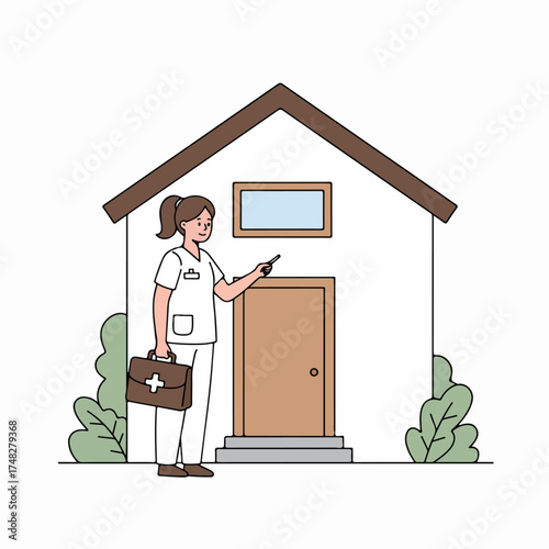 Nurse or medical professional arriving at a house for a home visit, carrying a medical bag, representing in-home healthcare services and support.