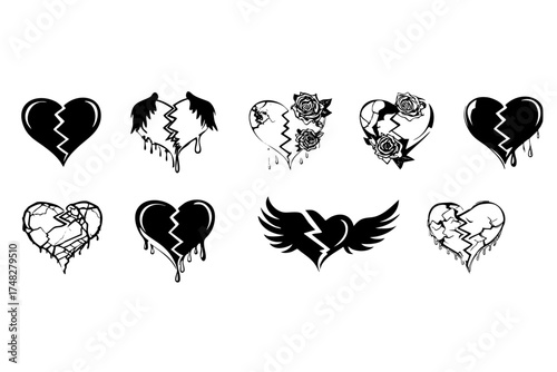 Hand drawn black broken heart icon set. Damaged emotion love symbol sketch vector for design.