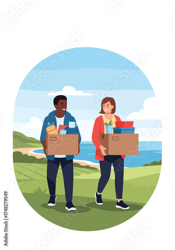 Young people carrying moving boxes through a grassy landscape by the sea.
