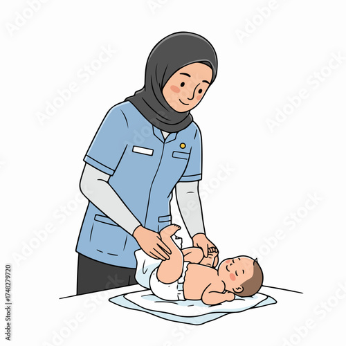 Caring Muslim nurse in hijab changing a smiling baby's diaper, providing gentle and professional infant care illustration.