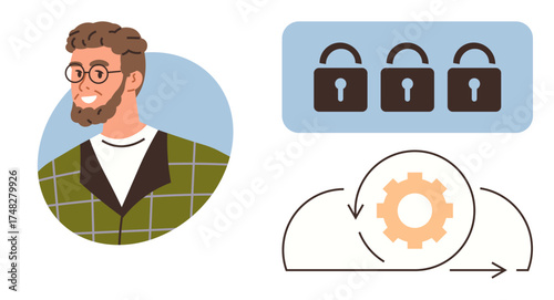 Smiling man in casual attire next to cloud security concept with locks and gear, highlighting digital safety and innovation. Ideal for technology, cybersecurity, automation, teamwork, data