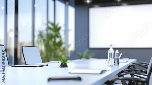 大きなプレゼン用スクリーンのある会議室。Generative AI