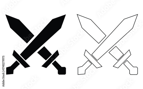 Two crossed swords in silhouette and outline style isolated on white background