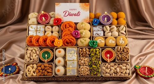 Luxurious Diwali Sweet and Dry Fruit Hamper with Traditional Indian Mithai, Nuts, and Festive Diyas.
