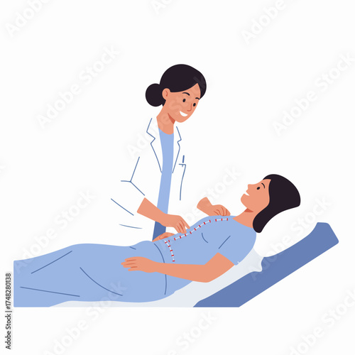 A caring doctor examines a patient's spine on an examination bed, focusing on back health and wellness with a professional and attentive approach.
