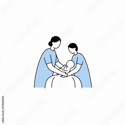 Healthcare professionals offering gentle care to a newborn baby, depicting medical assistance or post-natal support in a simple illustration.
