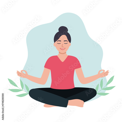 Woman character meditating. Guy meditating in yoga lotus pose, calm, tranquility and meditation flat vector illustration. Relaxed woman meditating
