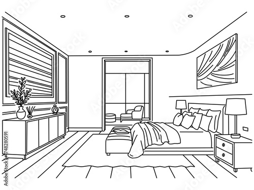 Drawing exterior and bedroom interior architectural lines, Hand drawn line of graphic assembly in architecture and interior design work, Vector illustration, interior of a room, bedroom in a modern 