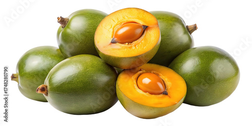 A close up of ripe green lucuma fruits one cut in half revealing bright orange flesh and a large seed isolated on transparent background