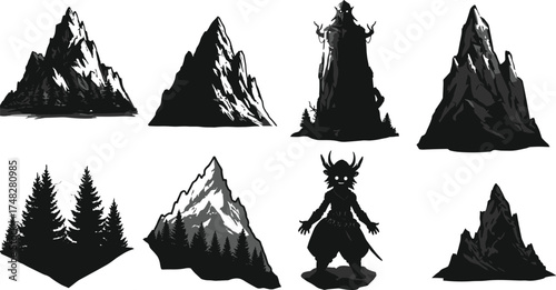  Mountain and forest silhouette vector set, fantasy landscape illustration, dark nature design, mystical creature shapes, adventure graphic art elements for outdoor and fantasy scenes.