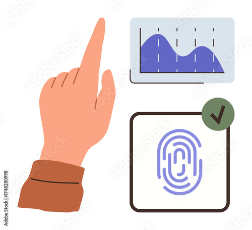Hand pointing to biometric fingerprint scanner with approval tick, chart depicting data trends. Ideal for security, technology, data analysis, approval, authentication, digital identity, simple flat
