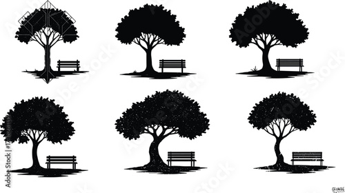  Park tree silhouettes with benches, relaxing outdoor nature scene, black vector illustration of landscape elements, peaceful garden design, environment and greenery concept
