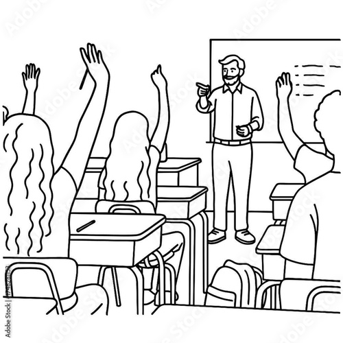 Hand drawn line of Happy university students attending a lecture in the classroom. Everyone Raising Hands in Order to Provide a Correct Answer. Single line draw design vector graphic illustration