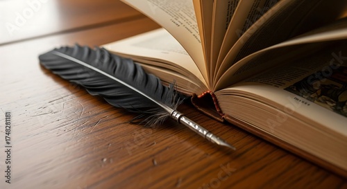 Aesthetic Photo Quill And Aged Book On Rustic Wood Table