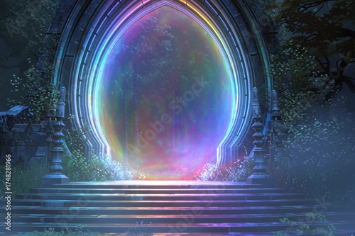magical holographic portal shimmering with rainbow light and surreal dreamy fantasy atmosphere