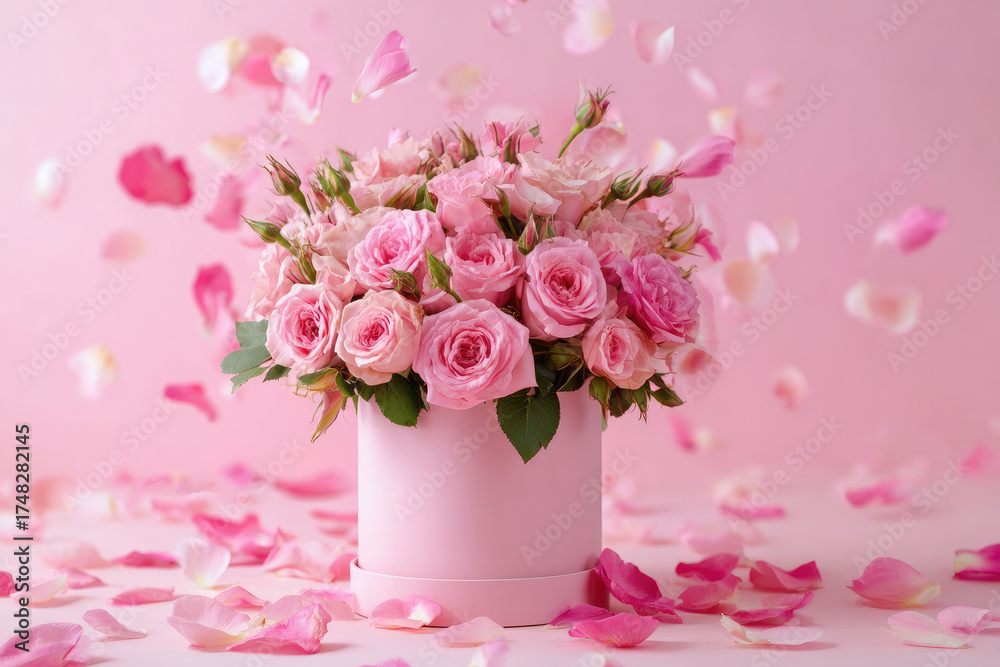 Obraz premium a bouquet of soft pink flowers in a box on a light background