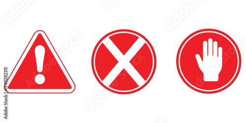 Set stop red sign icon with white hand, do not enter. Warning stop sign stock of vector illustration.