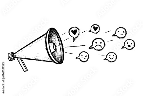 Megaphone communication feedback sketch. Disseminating messages and receiving emotional responses. Expressing feelings publicly.