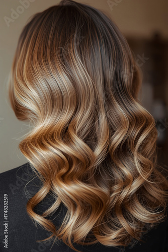 High-resolution back view of long wavy hairstyle with subtle balayage color, warm soft lighting accentuating curls and shine, neutral background blur, elegant feminine style, commercial
