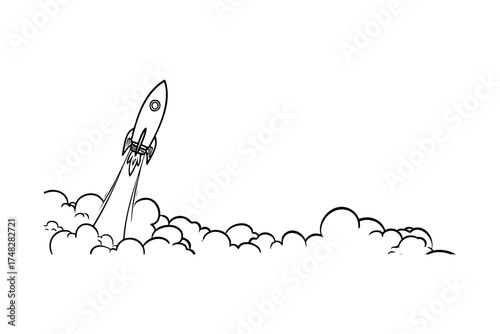 Space rocket sketch launching into sky with smoke clouds, hand drawn drawing outline. Startup concept with spaceship.