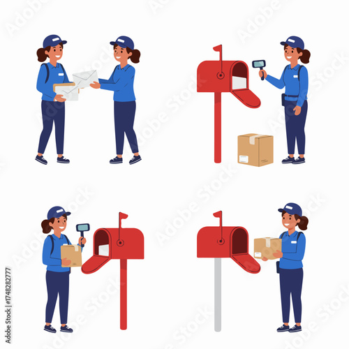 Female mail carriers delivering and processing mail and packages with red mailboxes using scanners, depicting modern postal service and logistics in a friendly, illustrated style.