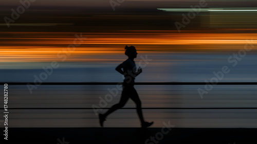 Silhouette of a person jogging at twilight under soft glowing city lights, bokeh background with warm orange and blue tones, long exposure effect for dreamy motion blur, peaceful night