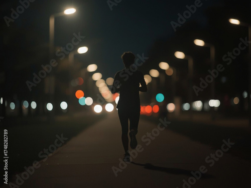 Silhouette of a person jogging on pathway surrounded by glowing bokeh city lights, blurred background giving motion feel, night photography aesthetic with moody tones, clean composition,