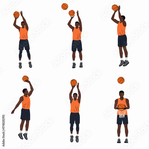 Dynamic vector illustration of an African American basketball player performing shooting actions and holding the ball.