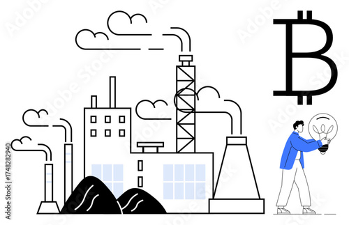 Factory emitting smoke beside coal piles, representing traditional energy use, with a man holding a lightbulb near a Bitcoin sign. Ideal for technology, sustainability, cryptocurrency, energy