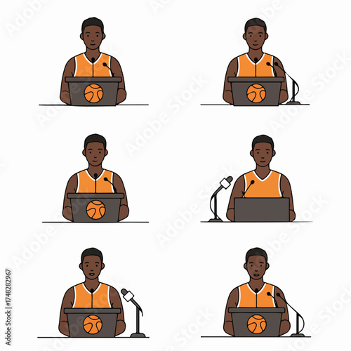 African American Basketball Player Character at Press Conference Podiums with Microphones, a Vector Illustration Set for Sports Communication and Media Events.