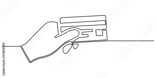 Hand holding a black and red bank card with chip, symbolizing luxury and secure financial continuous one line drawing