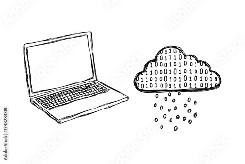 laptop computer cloud data binary rain sketch. hand drawn digital technology notebook concept.