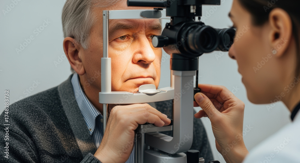 Fototapeta premium elderly man undergoing detailed eye examination with modern ophthalmology equipment in a clinical setting assisted by professional